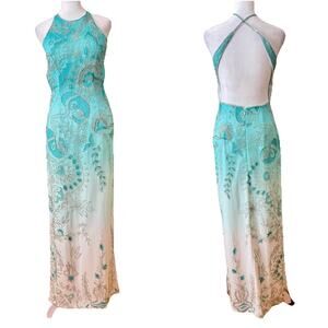 VTG Cache Y2K 100% Silk Turquoise Ombré Paisley Beaded Whimsy Fairy Prom Gown 4